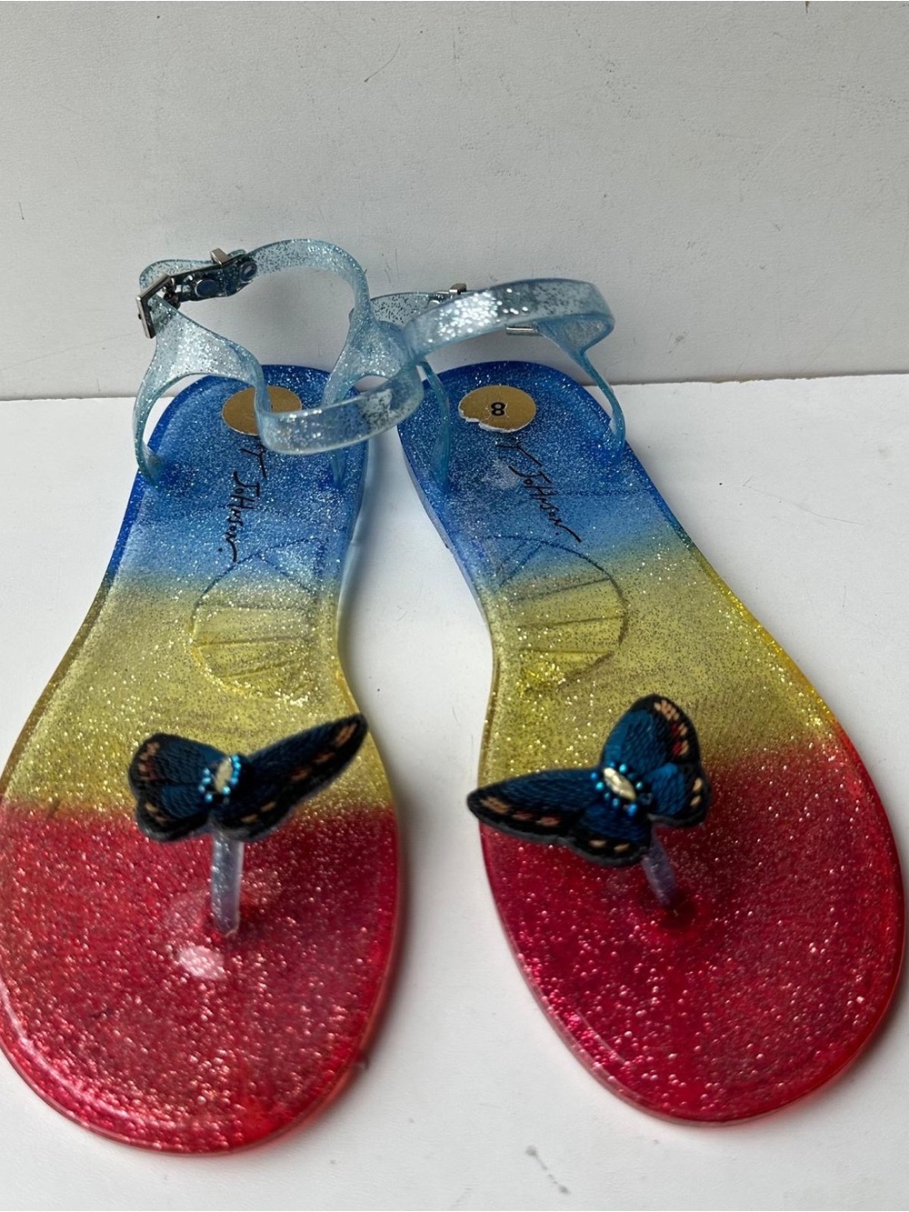Betsey Johnson Tabby Rainbow Glitter Jelly Sandals Butterfly Sequin Women Size 8